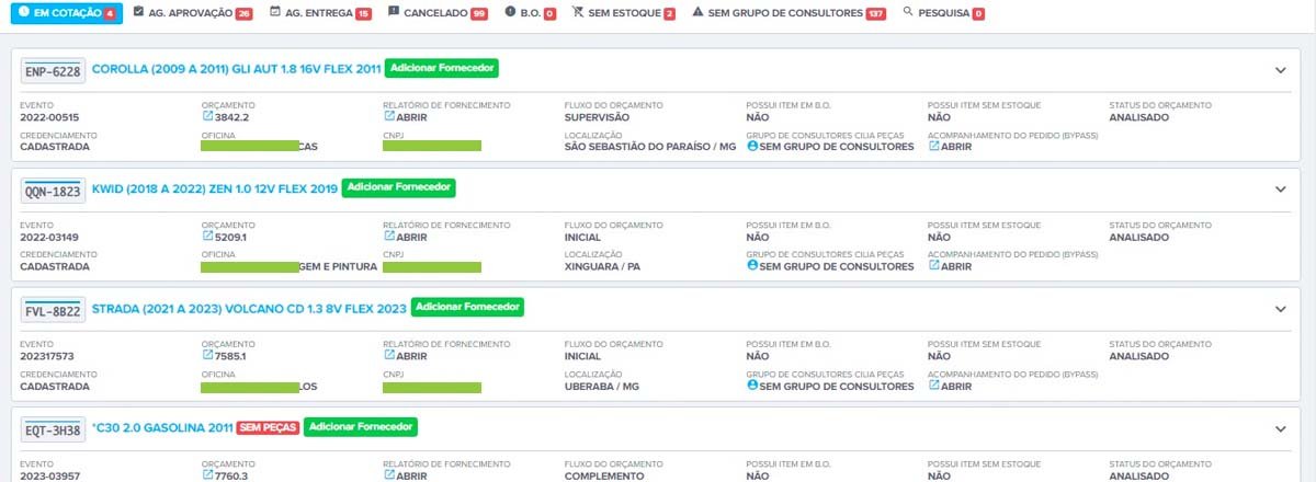 Orçamento de peças